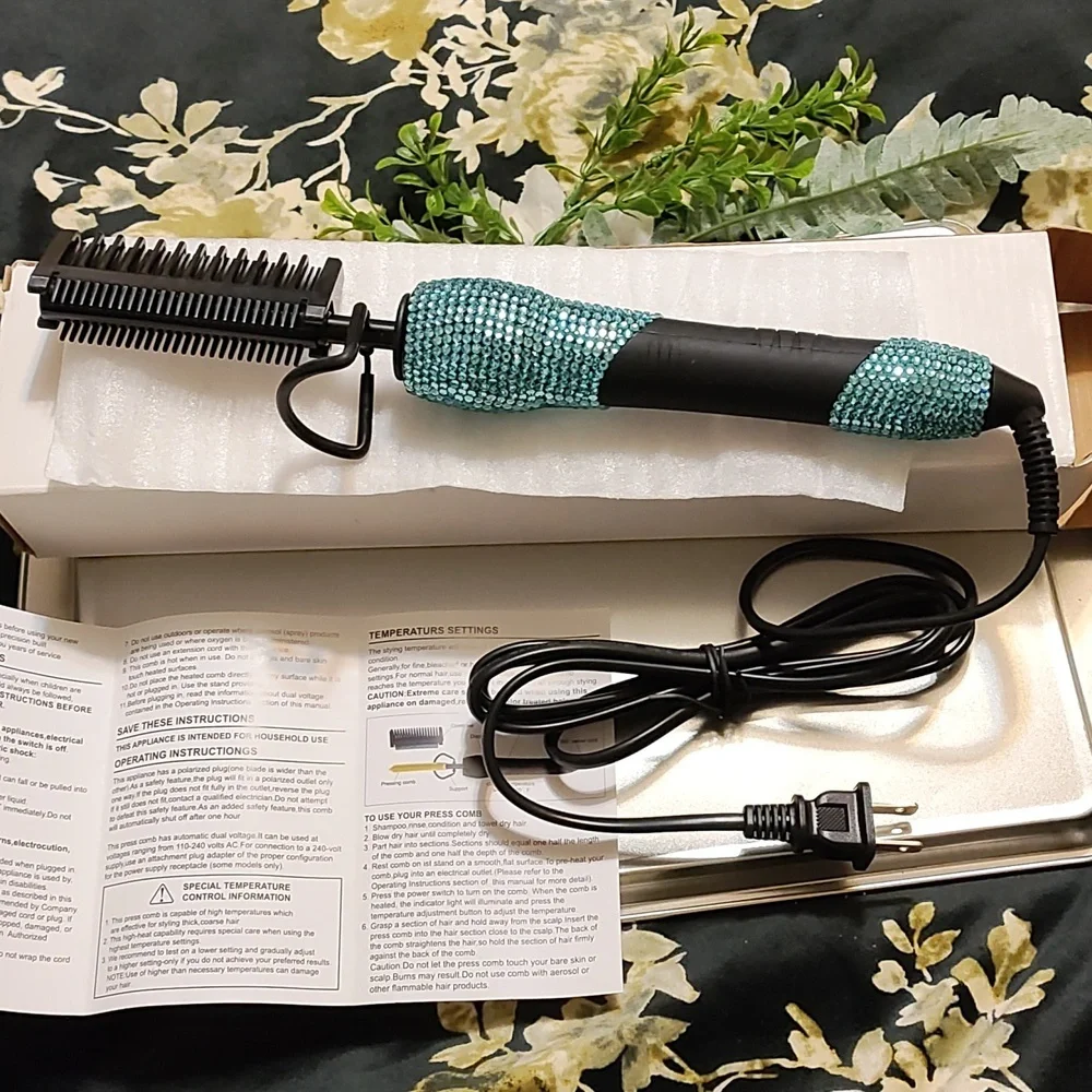 Black and blue jeweled pressing comb